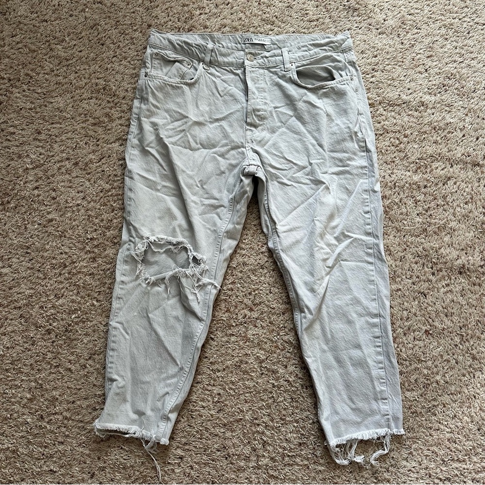 Zara High Waisted Frayed Raw Hem Button Fly Straight Denim Jeans Pants Size 36
